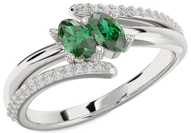 Diamond Emerald Silver Oval Two Stone Birthstone Ring
