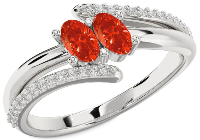 Diamond Fire Opal Silver Oval Two Stone Ring
