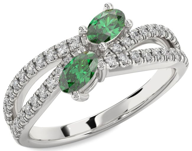 Diamond Emerald Silver Oval Two Stone Birthstone Ring