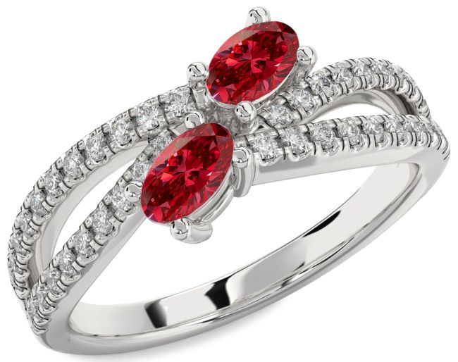 Diamond Ruby Silver Oval Two Stone Birthstone Ring
