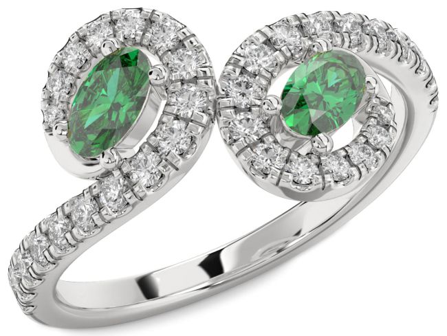 Diamond Emerald Silver Oval Two Stone Birthstone Ring