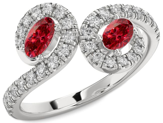 Diamond Ruby Silver Oval Two Stone Birthstone Ring