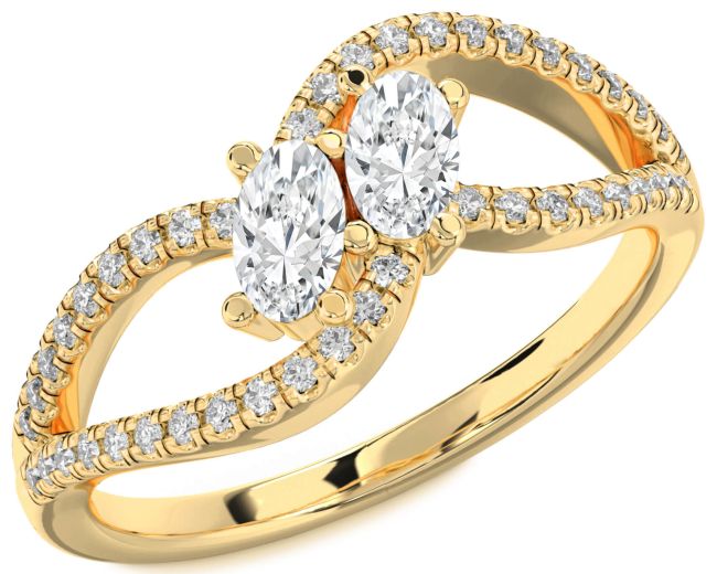 Diamond Gold Silver Oval Two Stone Ring