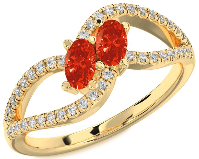 Diamond Fire Opal Gold Silver Oval Two Stone Ring