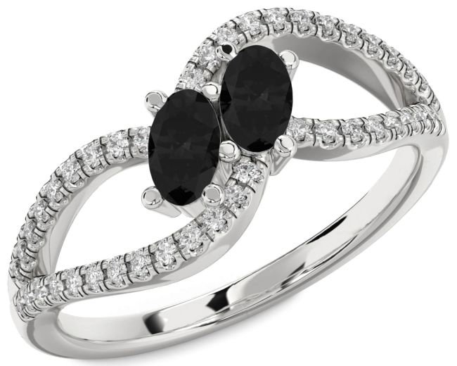 Black Diamond Silver Oval Two Stone Ring