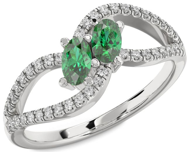 Diamond Emerald Silver Oval Two Stone Birthstone Ring