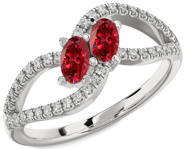 Diamond Ruby Silver Oval Two Stone Birthstone Ring