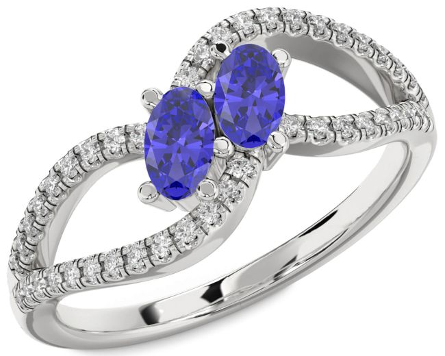 Diamond Tanzanite Silver Oval Two Stone Ring