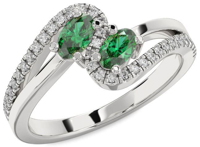 Diamond Emerald Silver Oval Two Stone Birthstone Ring