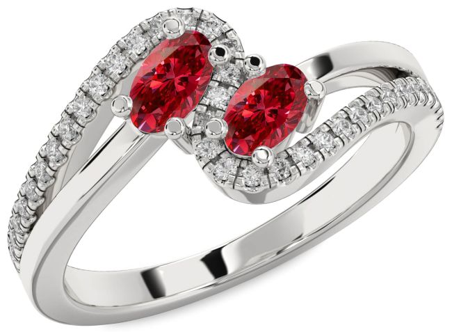 Diamond Ruby Silver Oval Two Stone Birthstone Ring