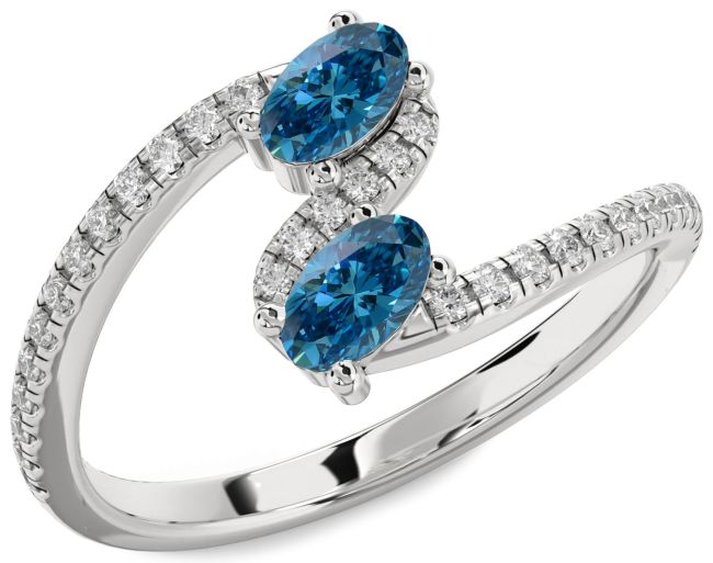 Blue Diamond Silver Oval Two Stone Ring