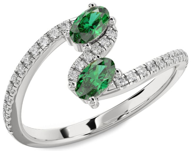 Diamond Emerald Silver Oval Two Stone Birthstone Ring