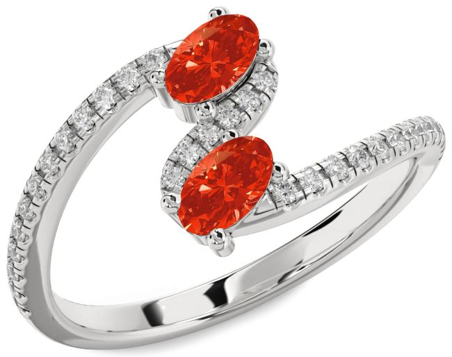 Diamond Fire Opal Silver Oval Two Stone Ring