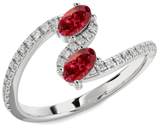 Diamond Ruby White Gold Oval Two Stone Birthstone Ring