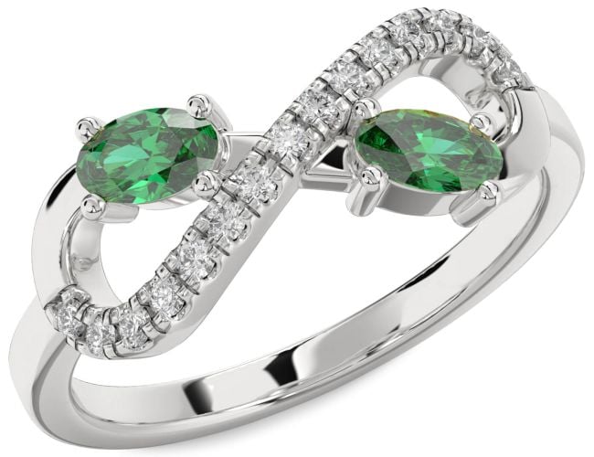 Diamond Emerald Silver Infinity Oval Two Stone Birthstone Ring