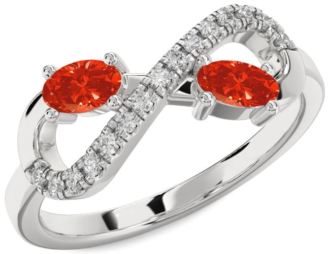 Diamond Fire Opal Platinum Infinity Oval Two Stone Ring