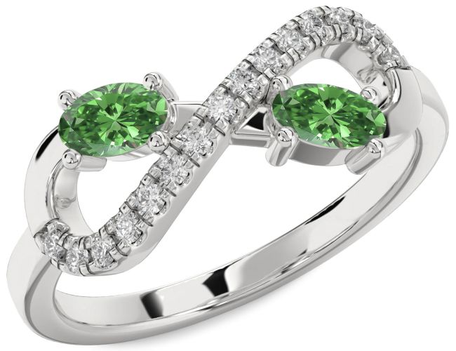 Green Diamond Platinum Infinity Oval Two Stone Ring