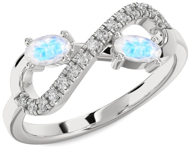 Diamond Moonstone Silver Infinity Oval Two Stone Ring