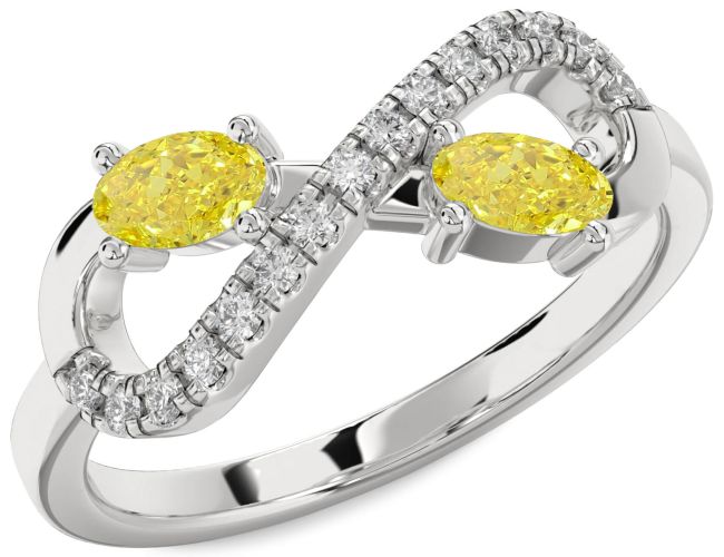 Yellow Diamond Silver Infinity Oval Two Stone Ring