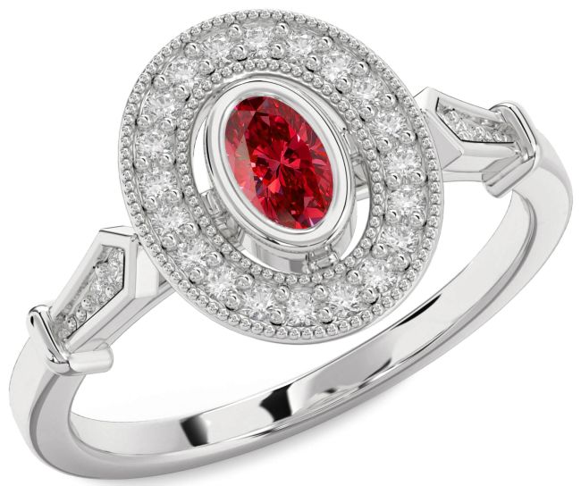 Diamond Ruby Silver Halo Oval Engagement Ring