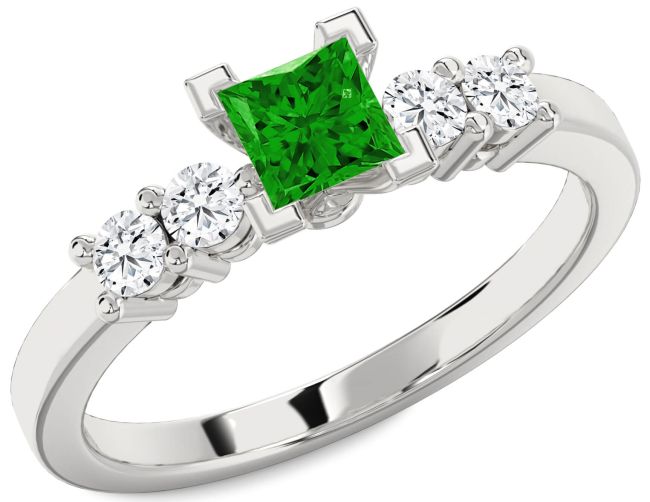 Diamond Emerald Silver Princess Engagement Ring