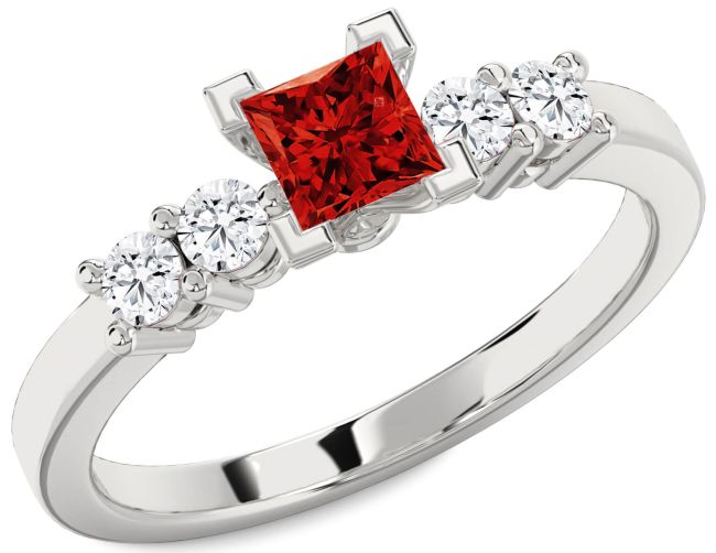 Diamond Ruby Silver Princess Engagement Ring