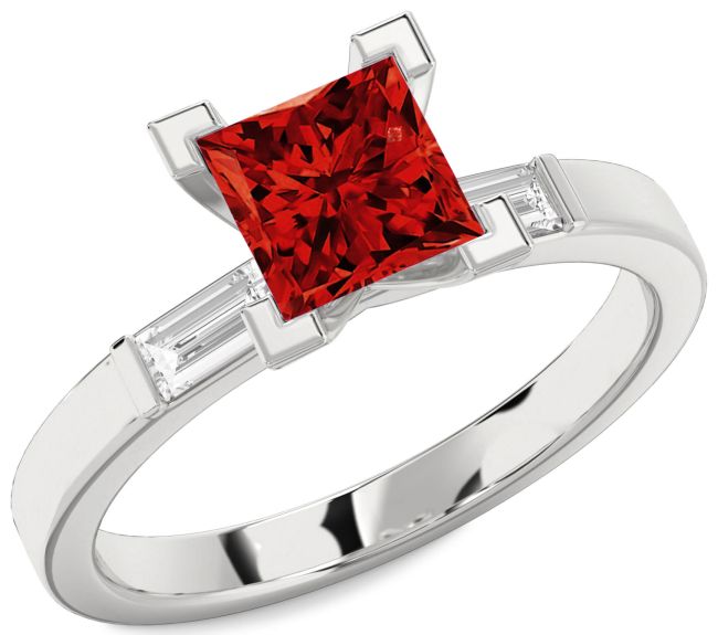 Diamond Ruby Silver Princess Three Stone Engagement Ring