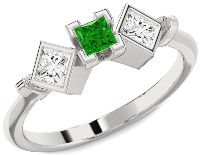 Diamond Emerald Silver Princess Three Stone Engagement Ring