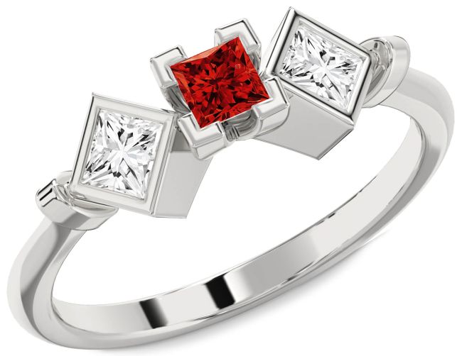 Diamond Ruby Platinum Princess Three Stone Engagement Ring