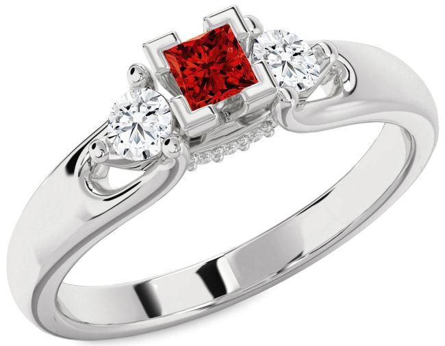 Diamond Ruby Silver Princess Three Stone Engagement Ring