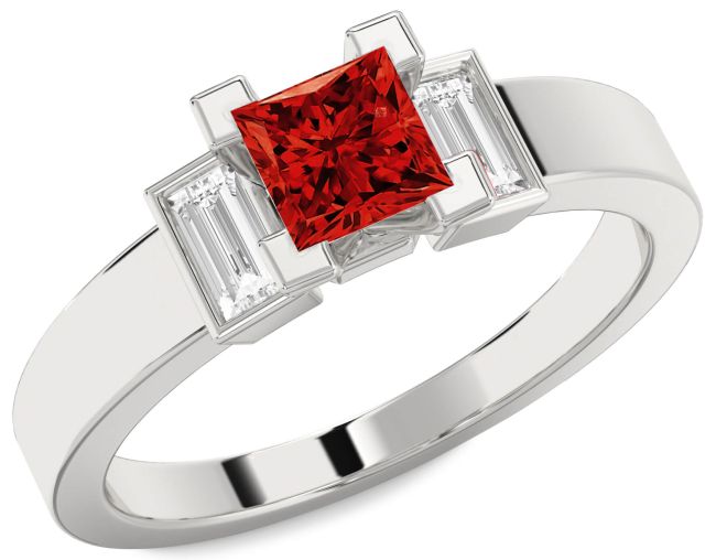 Diamond Ruby Silver Princess Three Stone Engagement Ring