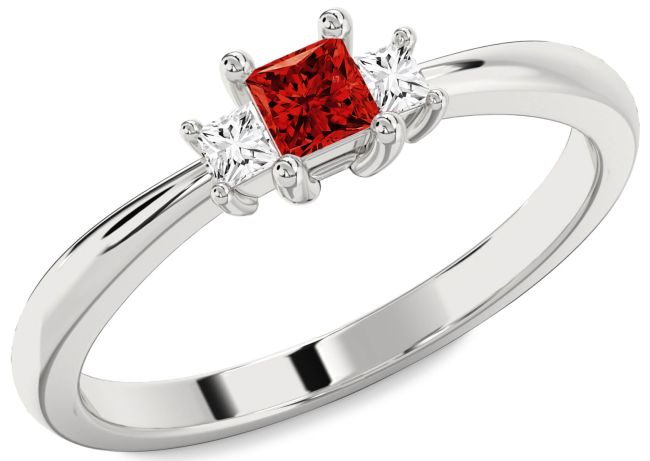 Diamond Ruby Silver Princess Three Stone Engagement Ring