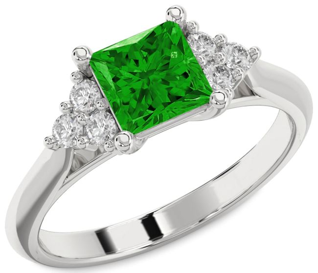 Diamond Emerald Silver Princess Engagement Ring