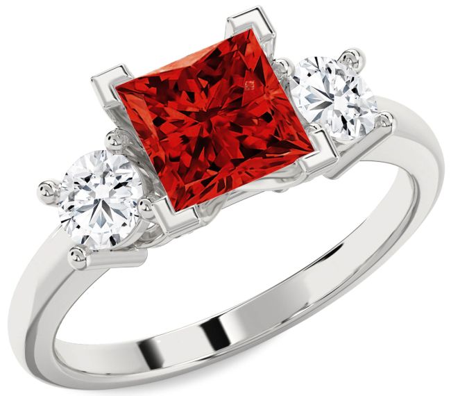 Diamond Ruby Silver Princess Three Stone Engagement Ring