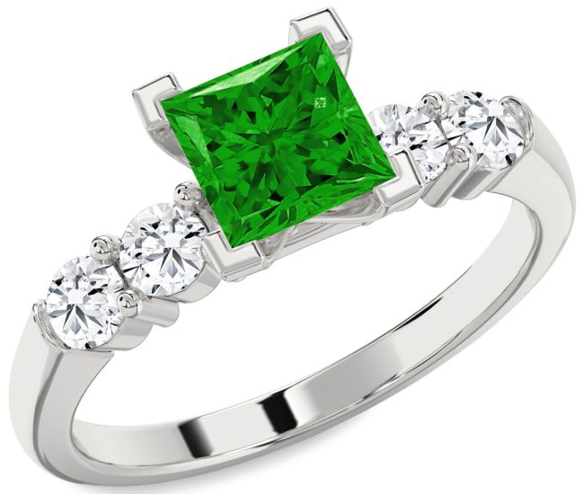 Diamond Emerald Silver Princess Engagement Ring