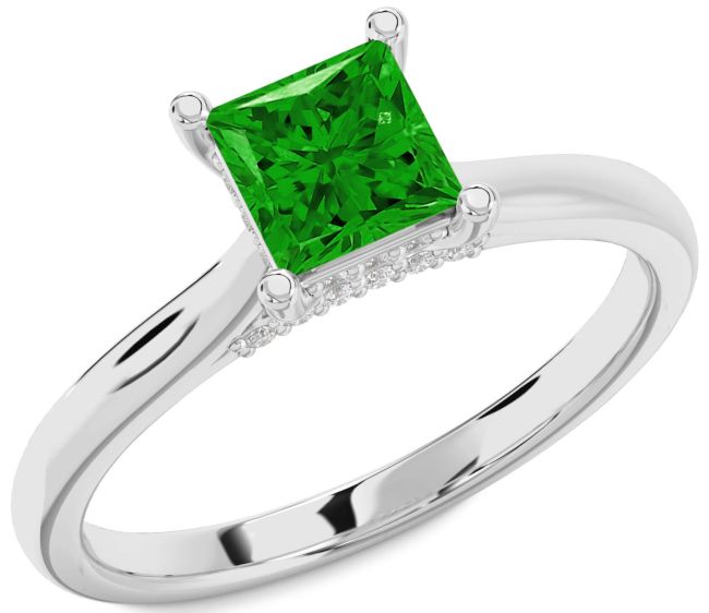Diamond Emerald Silver Princess Solitaire Engagement Ring