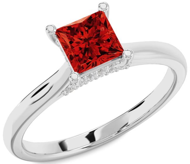 Diamond Ruby Silver Princess Solitaire Engagement Ring