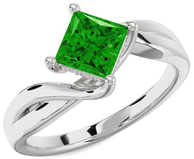 Diamond Emerald Silver Princess Solitaire Engagement Ring
