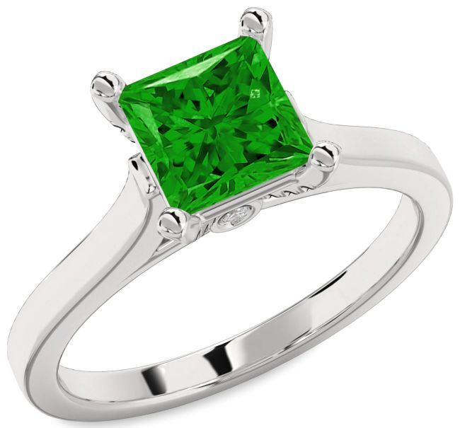Diamond Emerald Silver Princess Solitaire Engagement Ring