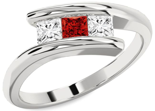Diamond Ruby Silver Princess Three Stone Engagement Ring