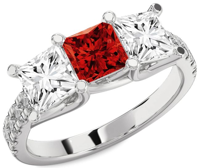 Diamond Ruby Silver Princess Three Stone Pave Engagement Ring