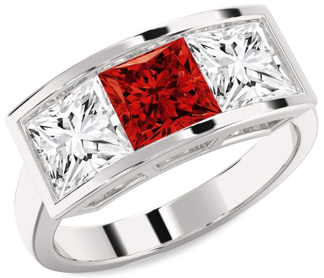 Diamond Ruby Platinum Princess Three Stone Engagement Ring