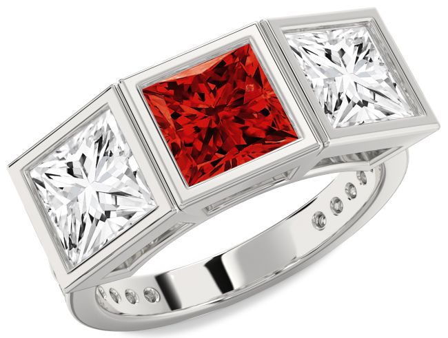 Diamond Ruby Silver Princess Three Stone Pave Engagement Ring