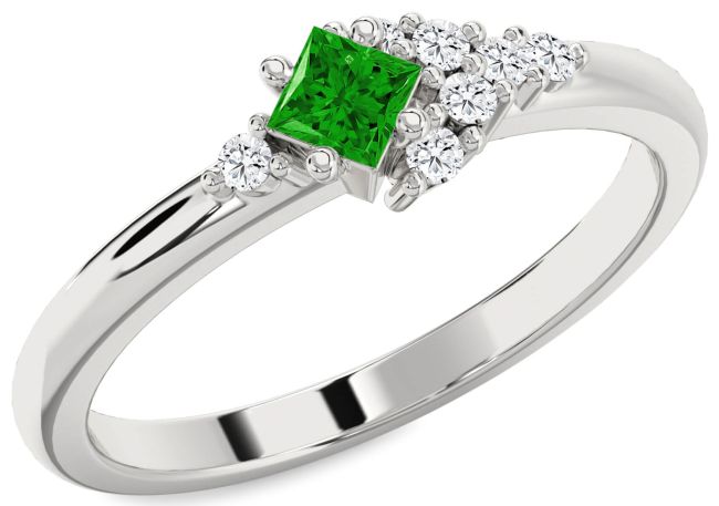 Diamond Emerald Silver Princess Promise Ring