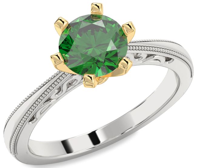 Emerald Gold Silver Round Solitaire Engagement Ring