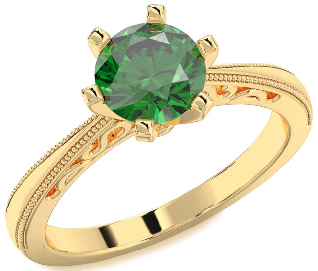 Emerald Gold Silver Round Solitaire Engagement Ring