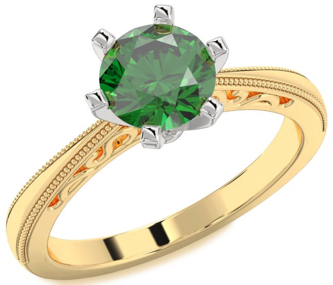 Emerald Gold Silver Round Solitaire Engagement Ring