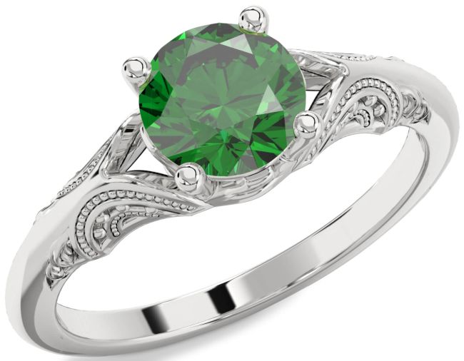 Emerald Silver Round Vintage Engagement Ring