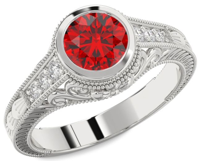 Diamond Ruby Silver Round Vintage Engagement Ring