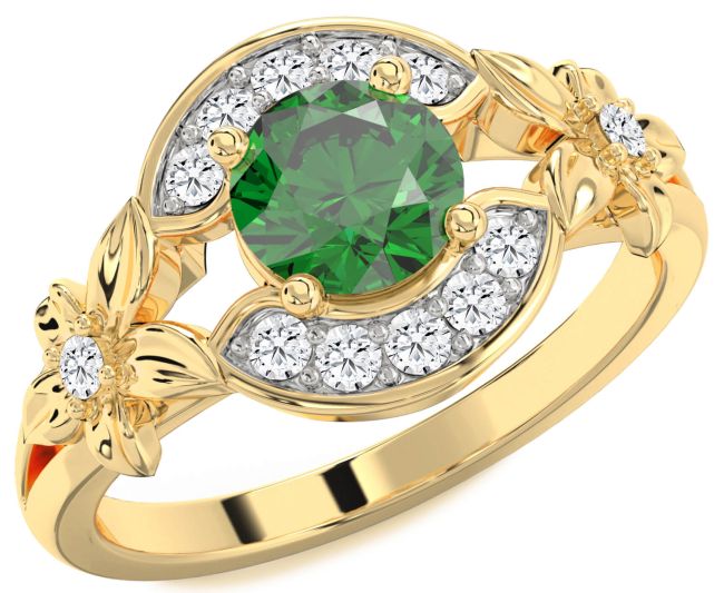 Diamond Emerald Gold Flower Ring